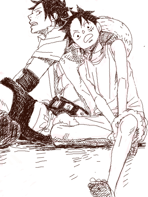 2boys brothers duo male male_focus monkey_d_luffy monochrome multiple_boys one_piece portgas_d_ace siblings sitting