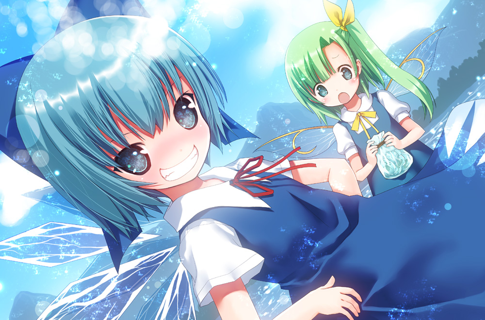 bad_id bad_pixiv_id blue_eyes blue_hair blush bow cirno daiyousei dress fairy_wings fever green_eyes green_hair grin hair_bow hair_ribbon ice ice_wings kiira long_hair looking_at_viewer multiple_girls open_mouth ribbon short_hair short_sleeves side_ponytail smile touhou wings