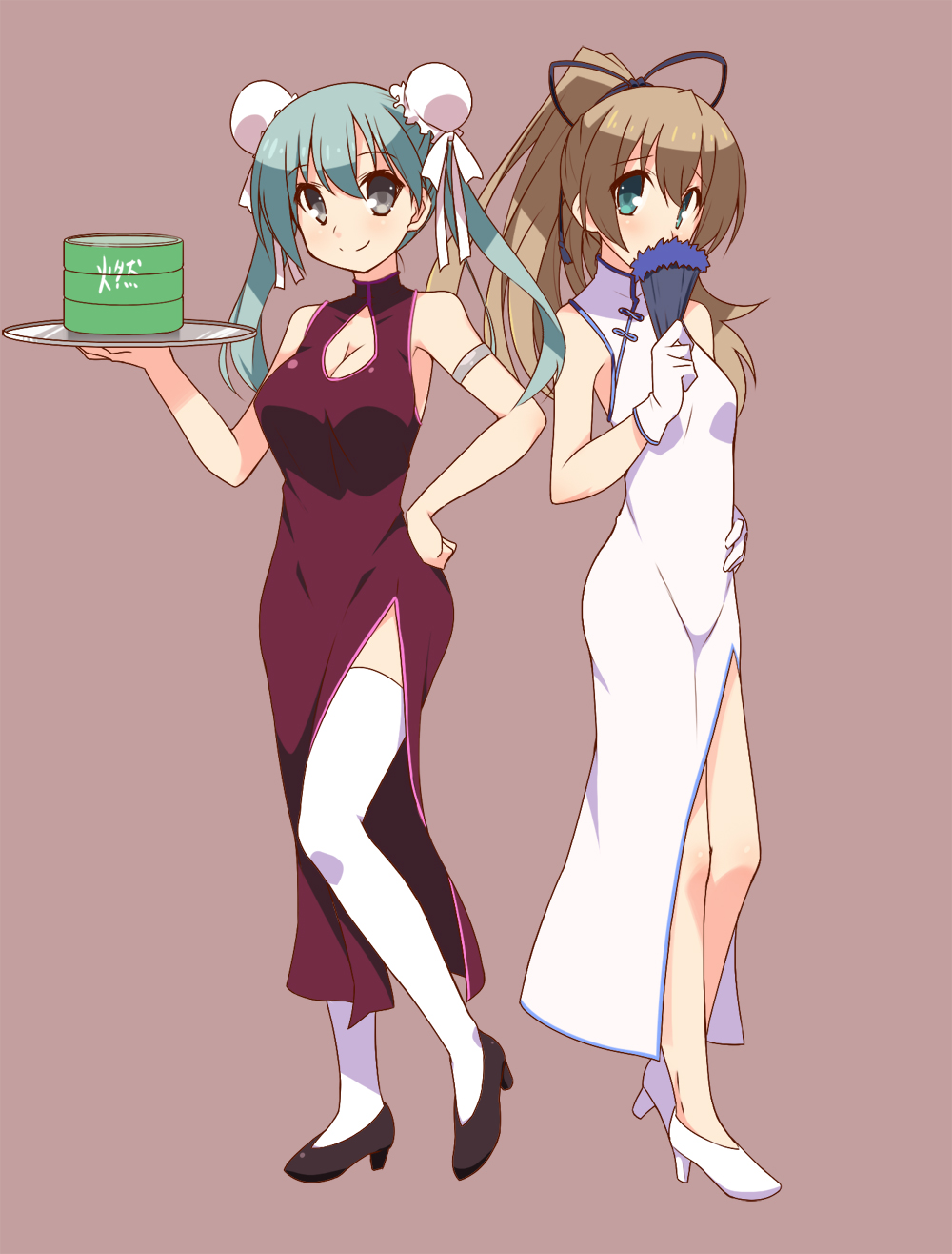 aqua_eyes aqua_hair bamboo_steamer bow breasts brown_hair china_dress chinese_clothes cleavage cleavage_cutout double_bun dress drum_(container) fan folding_fan gloves hair_bow highres hoppege kantai_collection kumano_(kantai_collection) large_breasts medium_breasts multiple_girls ponytail suzuya_(kantai_collection) thighhighs twintails white_gloves white_legwear