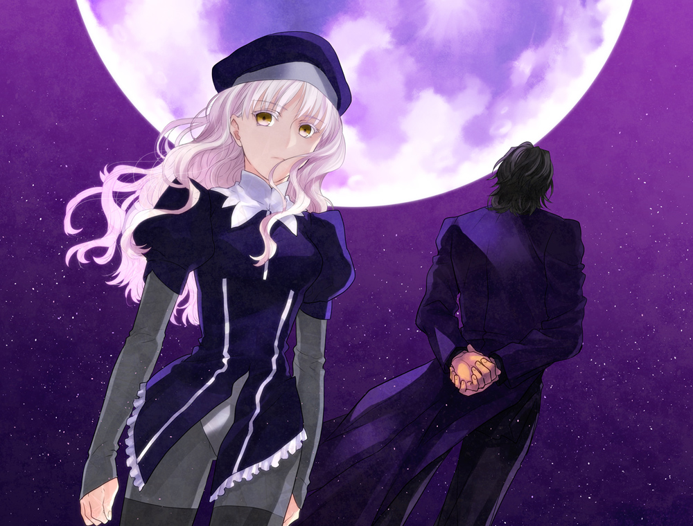 ao_(sodalite) caren_hortensia fate/hollow_ataraxia fate_(series) father_and_daughter full_moon hat kotomine_kirei layered_sleeves long_hair moon pantyhose silver_hair white_hair yellow_eyes