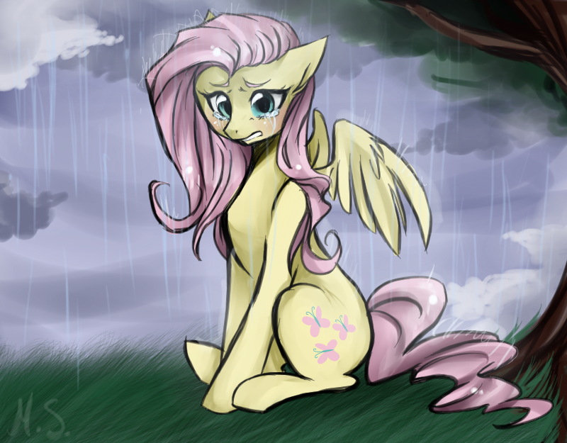 blue_eyes cloud crying cutie_mark equine female feral fluttershy_(mlp) friendship_is_magic grass hair horse mammal mscootaloo my_little_pony outside pegasus pink_hair pony rain sad sitting sky tree wings