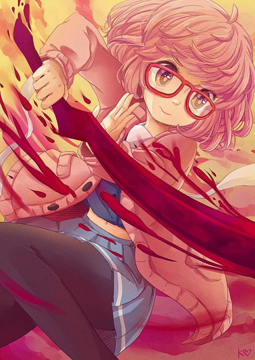 bangs belly_peek black_legwear blood blood_sword blue_skirt bob_cut cardigan glasses hemokinesis holding holding_sword holding_weapon konsensya kuriyama_mirai kyoukai_no_kanata light_smile looking_at_viewer miniskirt open_cardigan open_clothes pantyhose pleated_skirt red-framed_eyewear school_uniform serafuku short_hair signature skirt solo sword weapon yellow_eyes