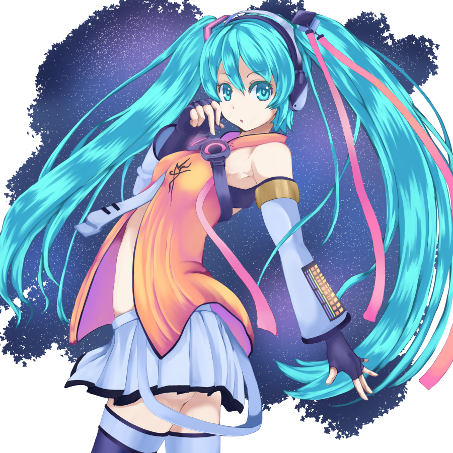 aqua_eyes aqua_hair detached_sleeves fingerless_gloves freely_tomorrow_(vocaloid) gloves hatsune_miku headphones long_hair looking_at_viewer project_diva_(series) project_diva_f skirt solo t_shatsu thighhighs twintails very_long_hair vocaloid