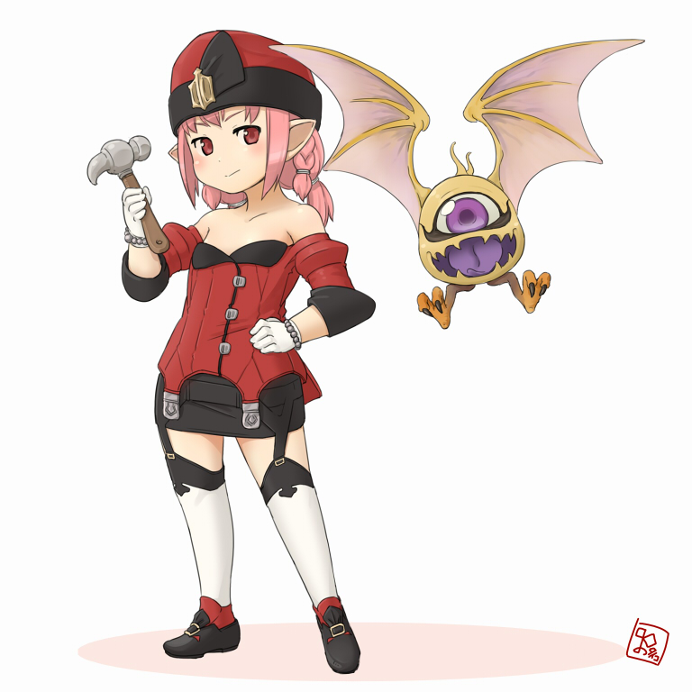 ahriman bare_shoulders bracelet braid final_fantasy final_fantasy_xiv futaba_no_taiko garter_straps gloves hammer hand_on_hip hat jewelry lalafell light_smile loafers miniskirt monster pink_eyes pink_hair pointy_ears shoes skirt thighhighs twin_braids two_side_up