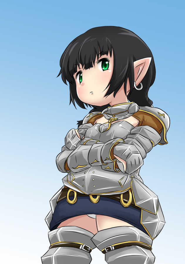 armor black_hair boots crossed_arms earrings final_fantasy final_fantasy_xiv fooyuta green_eyes jewelry lalafell panties pointy_ears skirt thigh_boots thighhighs underwear upskirt