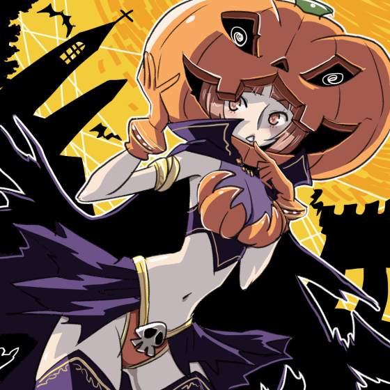 brown_eyes brown_hair gloves halloween midriff navel original pumpkin pumpkin_hat short_hair solo yazwo