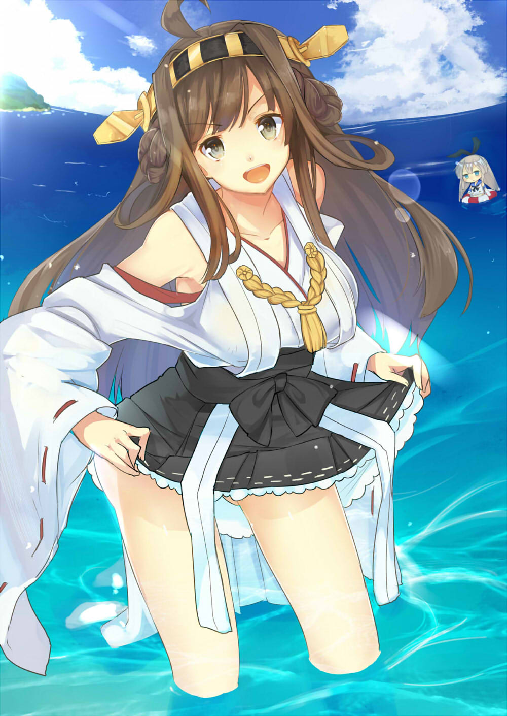 afloat bare_shoulders black_eyes blonde_hair blue_eyes blue_sky blush brown_hair cloud day detached_sleeves double_bun elbow_gloves flat_chest gloves hair_ornament hairband headgear highres innertube island japanese_clothes kantai_collection kongou_(kantai_collection) light_particles long_hair makai_penguin mountain multiple_girls nontraditional_miko ocean open_mouth outdoors sailor_collar shimakaze_(kantai_collection) shirt skirt skirt_hold sky smile wading water
