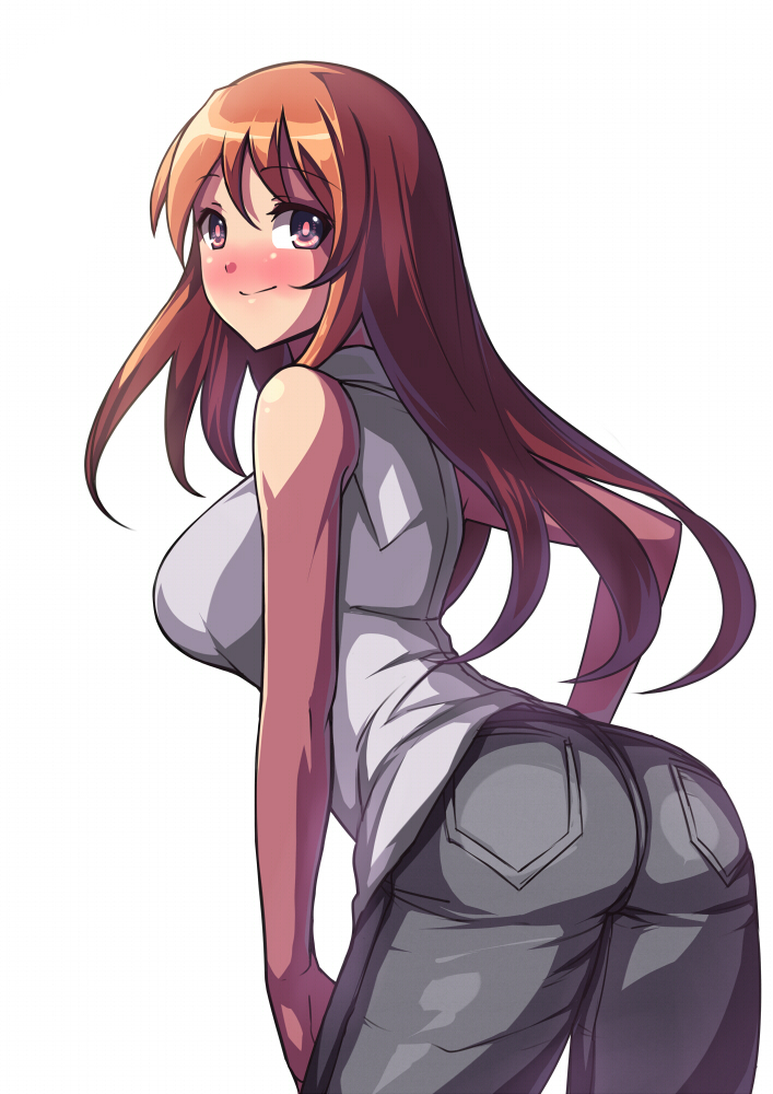 ass bare_shoulders breasts brown_eyes brown_hair large_breasts leaning_forward long_hair looking_at_viewer looking_back original saiste shadow simple_background smile solo