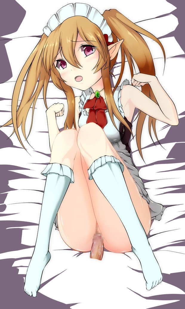 1girl blush brown_hair censored elf frills legs_up looking_at_viewer maguro_(fufu) maid maid_headdress missionary myucel_foalan myucel_foaran on_bed open_mouth outbreak_company penis pointy_ears purple_eyes pussy sex socks twintails vaginal