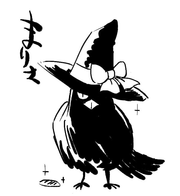 azuki_osamitsu bird bow crow greyscale hat hopeless_masquerade kirisame_marisa kirisame_marisa_(crow) monochrome no_humans raven_(animal) sparkle touhou translated witch_hat