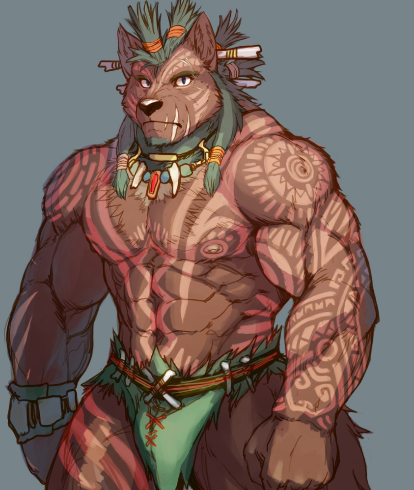 anthro biceps big_muscles black_nose blue_eyes bodypaint brown_fur bulge canine clothing fur hair loincloth male mammal muscles nipples nude null-ghost pecs standing toned topless tribal wolf