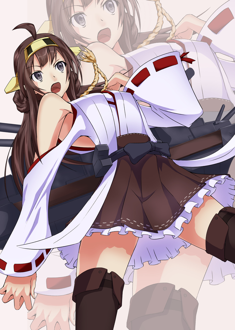 bad_id bad_pixiv_id bare_shoulders boots brown_hair detached_sleeves grey_eyes hairband highres japanese_clothes kaili kantai_collection kongou_(kantai_collection) nontraditional_miko pleated_skirt ribbon-trimmed_sleeves ribbon_trim skirt solo thigh_boots thighhighs wide_sleeves zettai_ryouiki