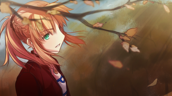 autumn autumn_leaves bandeau blonde_hair braid fate/apocrypha fate_(series) french_braid green_eyes jacket jewelry long_hair mordred_(fate) mordred_(fate)_(all) necklace ponytail red_scrunchie scrunchie solo strapless tusia