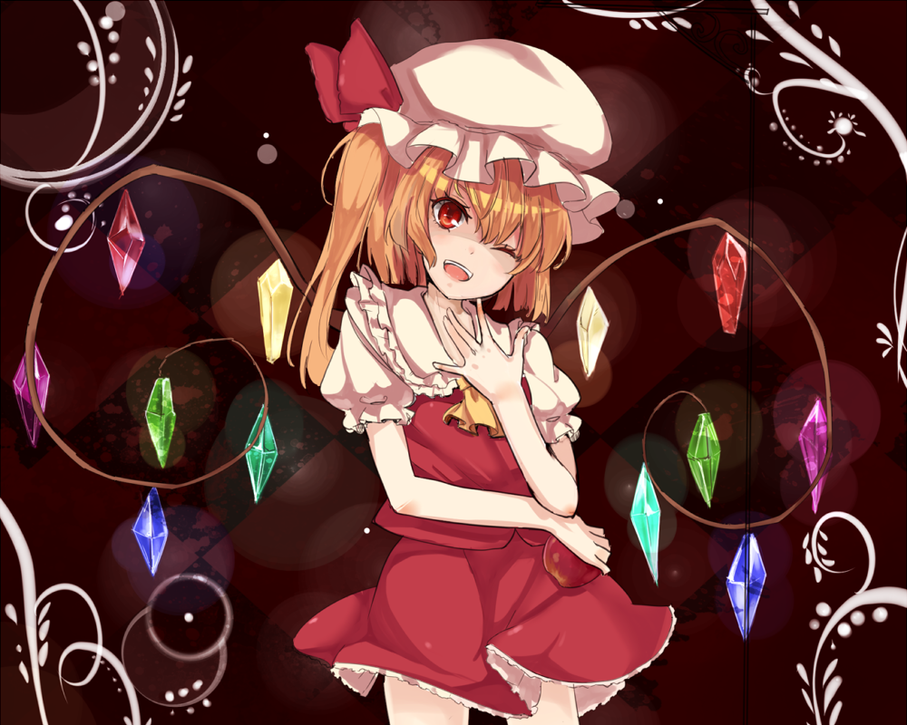 :d blonde_hair flandre_scarlet hat hat_ribbon looking_at_viewer makai_penguin open_mouth red_eyes ribbon smile solo touhou