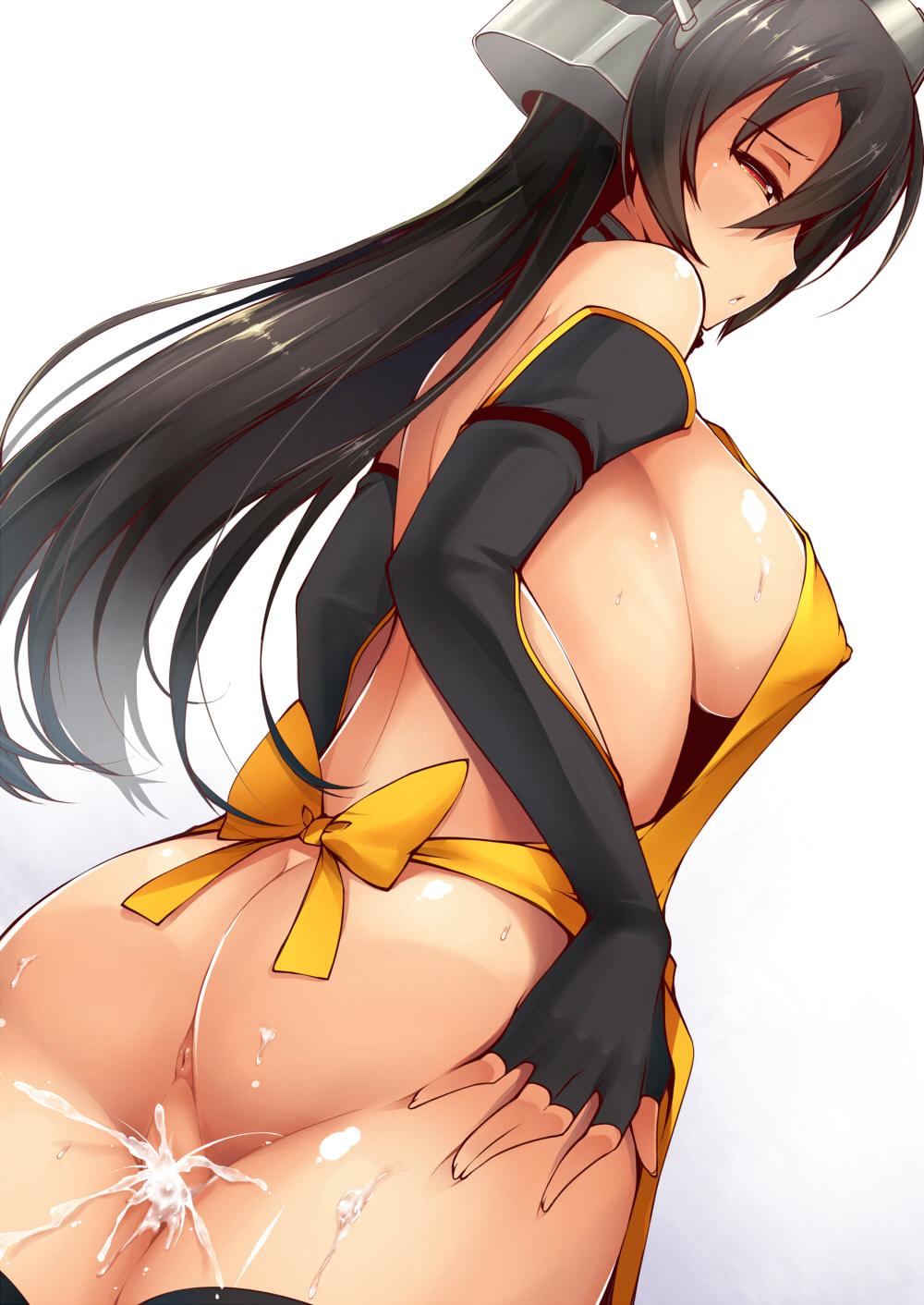 after_sex anus apron ass black_hair blush breasts cum cum_in_pussy cumdrip dean elbow_gloves fingerless_gloves from_behind from_below gloves hair_ornament hairband half-closed_eyes headgear highres kantai_collection large_breasts long_hair looking_back nagato_(kantai_collection) naked_apron nude puka_puka pussy red_eyes sideboob solo sweat thighhighs