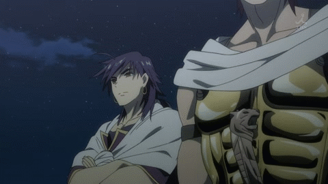 animated animated_gif anklet armor barefoot breastplate charge dreadlocks flying_people hairlocs jewelry kassim long_hair lowres magi magi_the_labyrinth_of_magic masrur muscle piercing purple_hair red_eyes red_hair shocked short_hair sinbad_(magi) spaulders surprised sword weapon