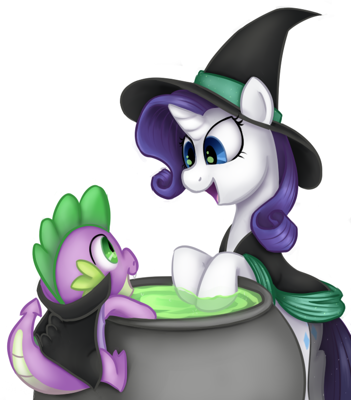 alpha_channel blue_eyes cape cauldron clothing cutie_mark dragon equine female feral friendship_is_magic fur glowing green_eyes hair hat horn horse long_hair male my_little_pony open_mouth plain_background pony purple_hair rarity_(mlp) scalie smile spike_(mlp) transparent_background unicorn white_fur witch_hat xiao668