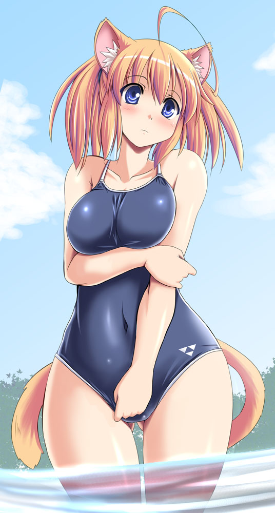 ahoge animal_ears blue_eyes blue_sky blush breasts brown_hair cat_ears cat_tail cloud competition_school_swimsuit covered_navel day large_breasts one-piece_swimsuit original pudding_(tonpuu) short_hair sky solo swimsuit tail tonpuu triforce wading water