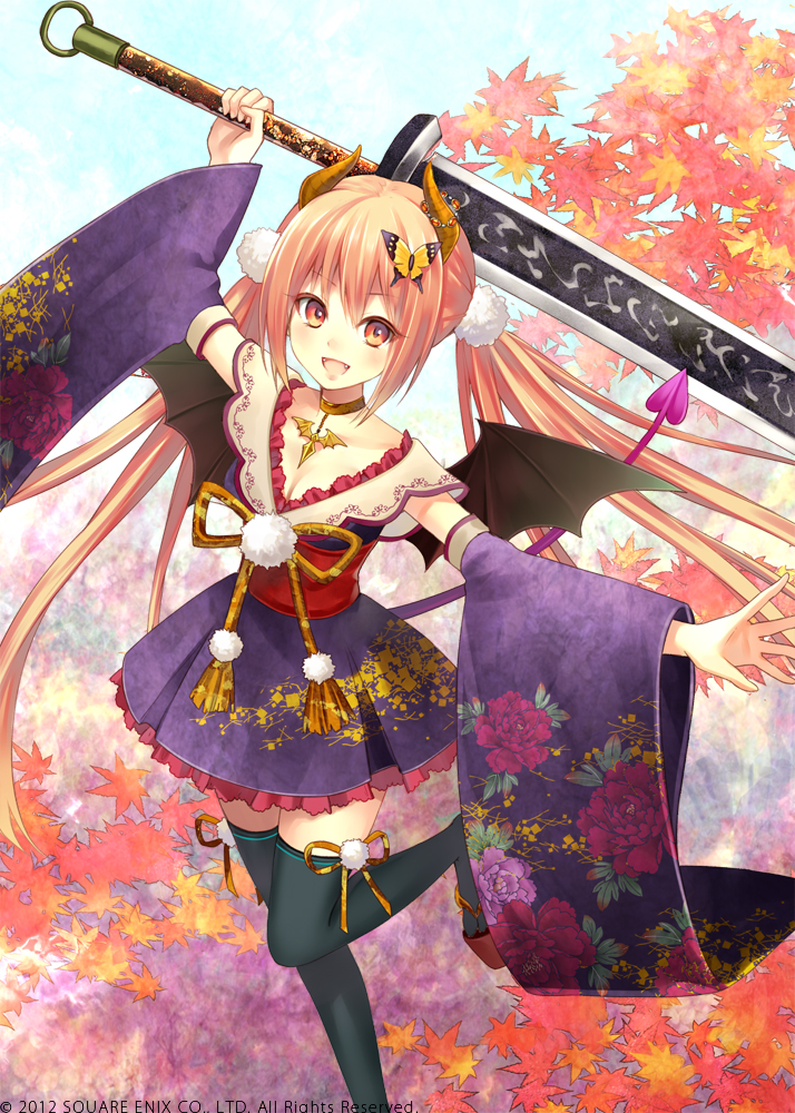 autumn_leaves bat_wings black_legwear blonde_hair blush bug butterfly butterfly_hair_ornament character_request choker demon_girl demon_tail detached_sleeves fang fukahire_(ruinon) hair_ornament horns huge_weapon insect japanese_clothes jewelry long_hair looking_at_viewer million_arthur_(series) open_mouth skirt smile solo sword tail thighhighs twintails very_long_hair weapon wide_sleeves wings yellow_eyes