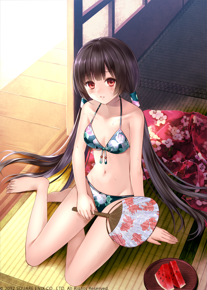 arm_support bare_shoulders barefoot bikini black_hair blush breasts character_request cleavage fan floral_print food front-tie_top fruit fukahire_(ruinon) long_hair looking_at_viewer million_arthur_(series) navel paper_fan red_eyes sitting small_breasts solo sweat swimsuit twintails uchiwa very_long_hair watermelon yokozuwari