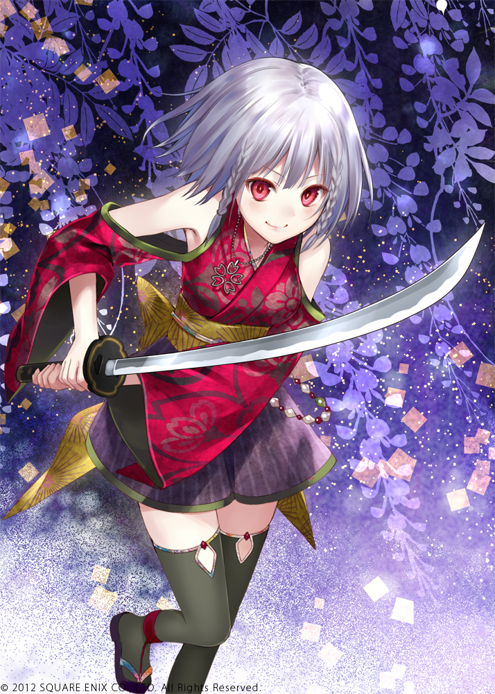 bare_shoulders black_legwear blush braid character_request detached_sleeves fukahire_(ruinon) japanese_clothes jewelry katana looking_at_viewer million_arthur_(series) necklace obi red_eyes sash short_hair silver_hair skirt smile solo sword thighhighs twin_braids weapon wide_sleeves