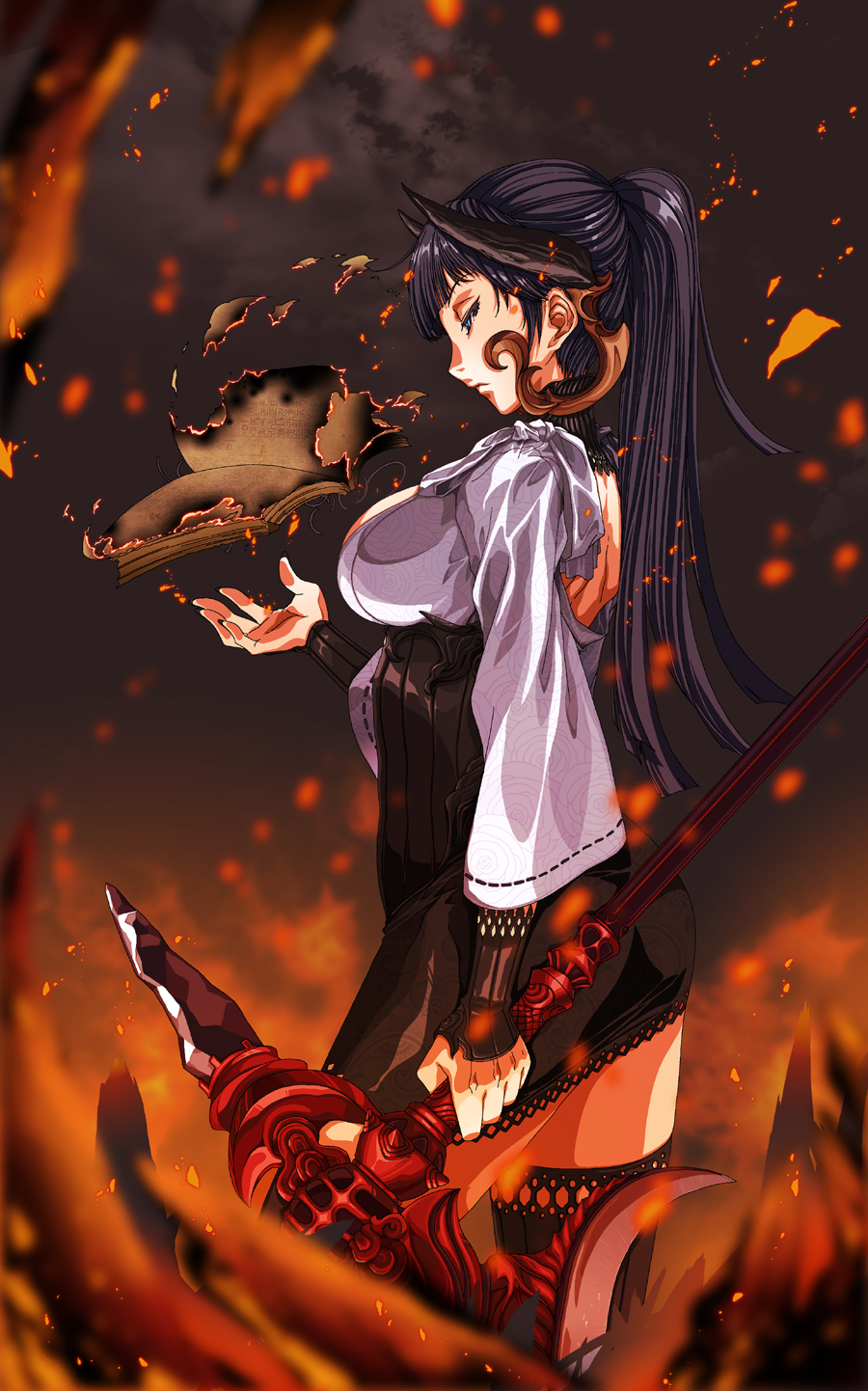 bad_id bad_pixiv_id black_hair blade_&amp;_soul book breasts fire highres horns large_breasts long_hair polearm ponytail rantia solo weapon