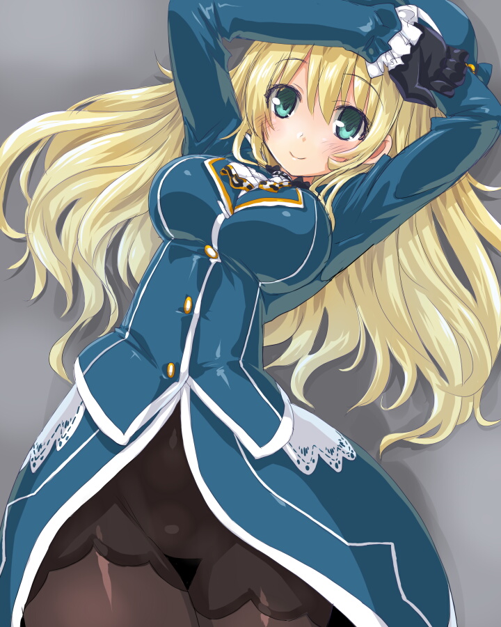 atago_(kantai_collection) black_gloves blonde_hair blush breasts dd_(ijigendd) gloves green_eyes hat kantai_collection large_breasts long_hair looking_at_viewer lying pantyhose smile solo