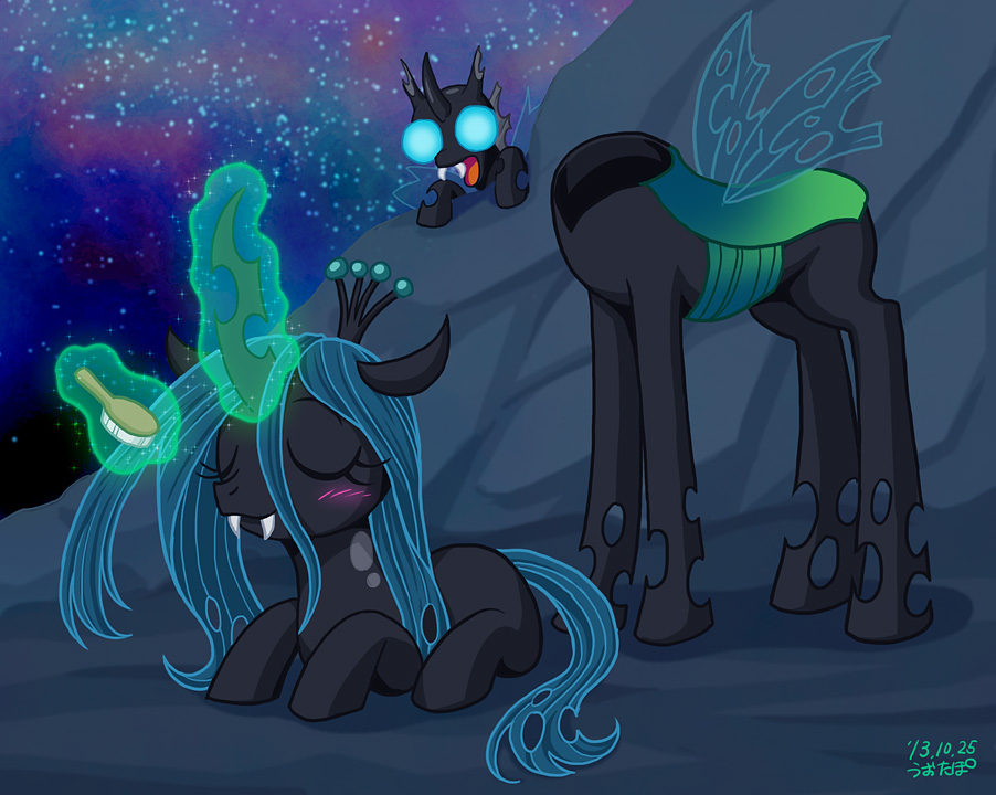 blue_eyes blush brush changeling eyes_closed fangs female feral friendship_is_magic glowing green_hair hair holes horn levitation lying magic male my_little_pony nebula night queen_chrysalis_(mlp) shocked sparkles stars surprise uotapo wings