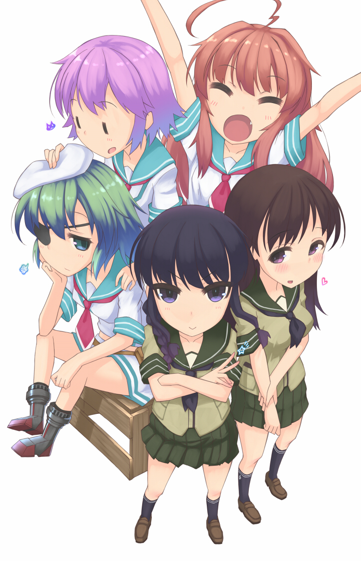 :d :| arms_up black_hair blue_eyes brown_hair closed_mouth eyepatch green_hair hand_on_another's_hat kantai_collection kiso_(kantai_collection) kitakami_(kantai_collection) kneehighs kuma_(kantai_collection) long_hair multiple_girls ooi_(kantai_collection) open_mouth pleated_skirt purple_eyes purple_hair red_hair s_ibane school_uniform serafuku sitting skirt smile tama_(kantai_collection) v white_background ||_||