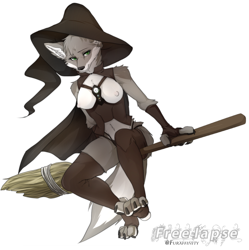 arm_warmers breasts broom canine claws clothed clothing female freelapse green_eyes halloween hindpaw holiday holidays legwear looking_at_viewer magic_user mammal nipples pawpads paws skimpy smile solo toeless_socks wich witch