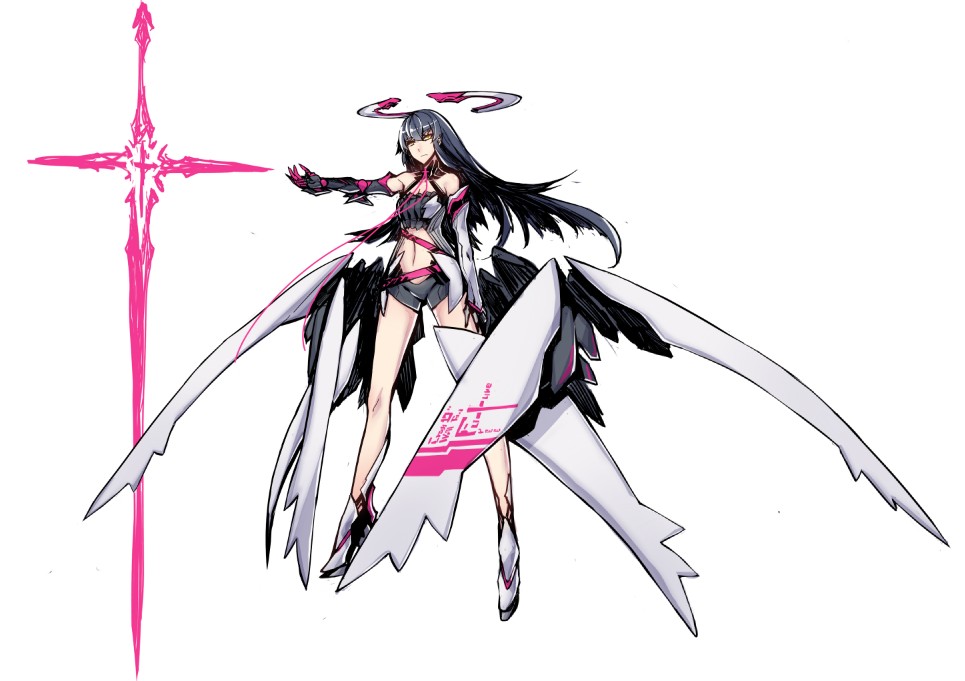 black_hair boots claws cross elbow_gloves floating full_body gloves halo long_hair machinery mechanical_halo midriff navel navel_cutout ntrsis original outstretched_arm revealing_clothes short_shorts shorts simple_background solo stomach white_background wings