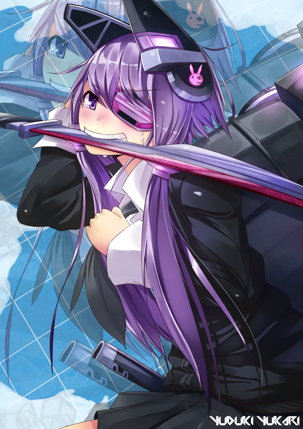 bad_id bad_pixiv_id crying crying_with_eyes_open eyepatch headgear highres kantai_collection long_hair looking_at_viewer purple_eyes purple_hair solo suou28 sword_bite tears tenryuu_(kantai_collection)