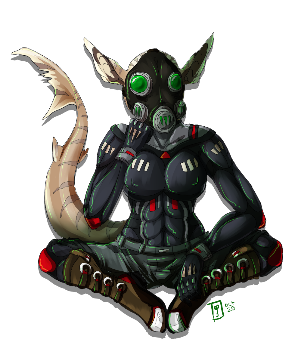 alpha_channel armor bald boots breasts cargo_shorts female fish gas_mask gloves invalid_tag living_armor looking_at_viewer marine muscles muscular_female original_character sci-fi shark sitting sitting_pose solidshift_vi solo stripes tiger_shark unconvincing_armor