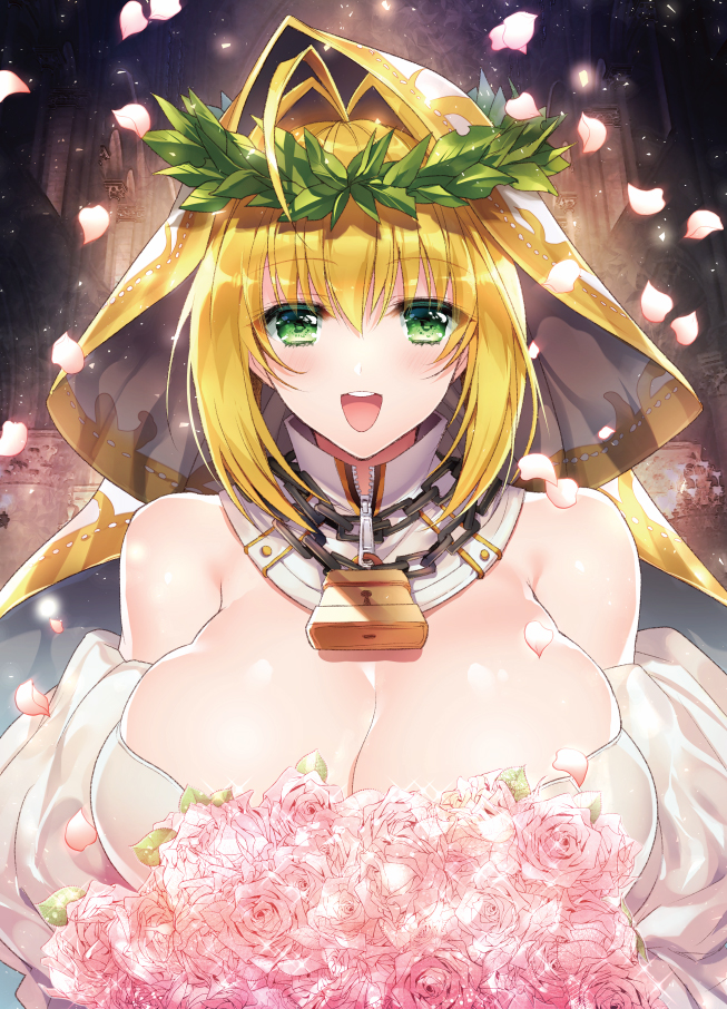 :d ahoge blonde_hair bouquet breasts bride chain cleavage detached_collar fate/grand_order fate_(series) flower green_eyes hair_intakes head_wreath holding holding_bouquet huge_breasts kurumi_moka lock looking_at_viewer nero_claudius_(bride)_(fate) nero_claudius_(fate)_(all) open_mouth padlock petals pink_flower pink_rose puffy_sleeves revision rose rose_petals short_hair smile solo sparkle upper_body veil white_flower white_sleeves