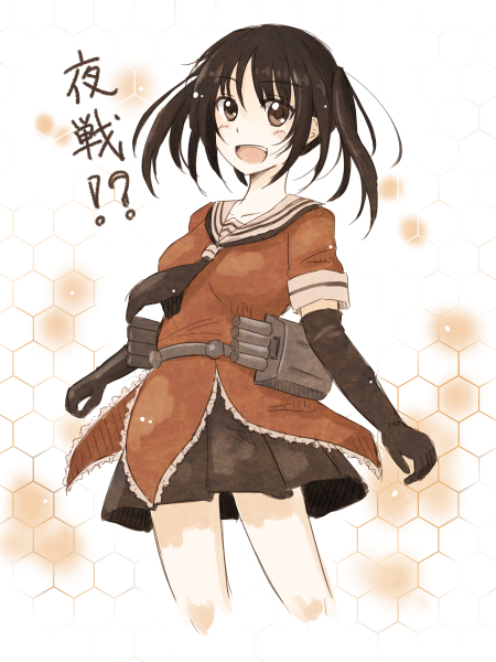 :d bangs brown_eyes brown_hair elbow_gloves gloves kantai_collection long_hair looking_at_viewer mashayuki open_mouth pleated_skirt sendai_(kantai_collection) skirt smile solo translated two_side_up white_gloves