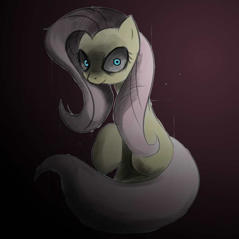 dark equine evil_grin female feral fluttershy_(mlp) friendship_is_magic fur gradient_background hair horse lazymcscetcherson looking_at_viewer mammal my_little_pony pink_hair pony raised_hoof smile solo yellow_fur