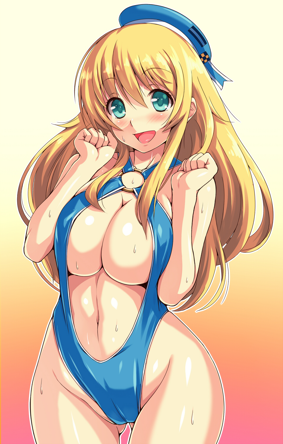 aqua_eyes atago_(kantai_collection) bad_id bad_pixiv_id blonde_hair blush breast_squeeze breasts cleavage halter_top halterneck hat highres kantai_collection kekemotsu large_breasts long_hair looking_at_viewer navel o-ring o-ring_swimsuit one-piece_swimsuit open_mouth smile solo sweat swimsuit wide_hips