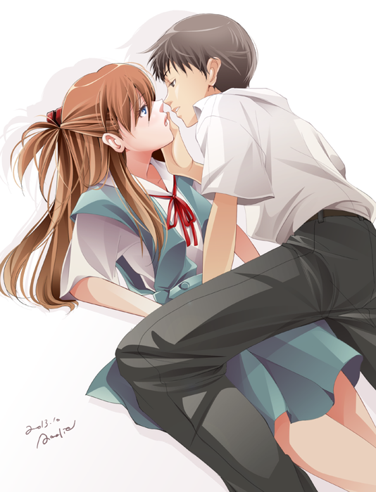 1girl amelie black_hair brown_hair couple eye_contact face-to-face hair_ornament hand_on_another's_cheek hand_on_another's_face hetero ikari_shinji imminent_kiss light_brown_hair long_hair looking_at_another lying neon_genesis_evangelion pants rebuild_of_evangelion revision school_uniform shikinami_asuka_langley shirt short_sleeves signature souryuu_asuka_langley