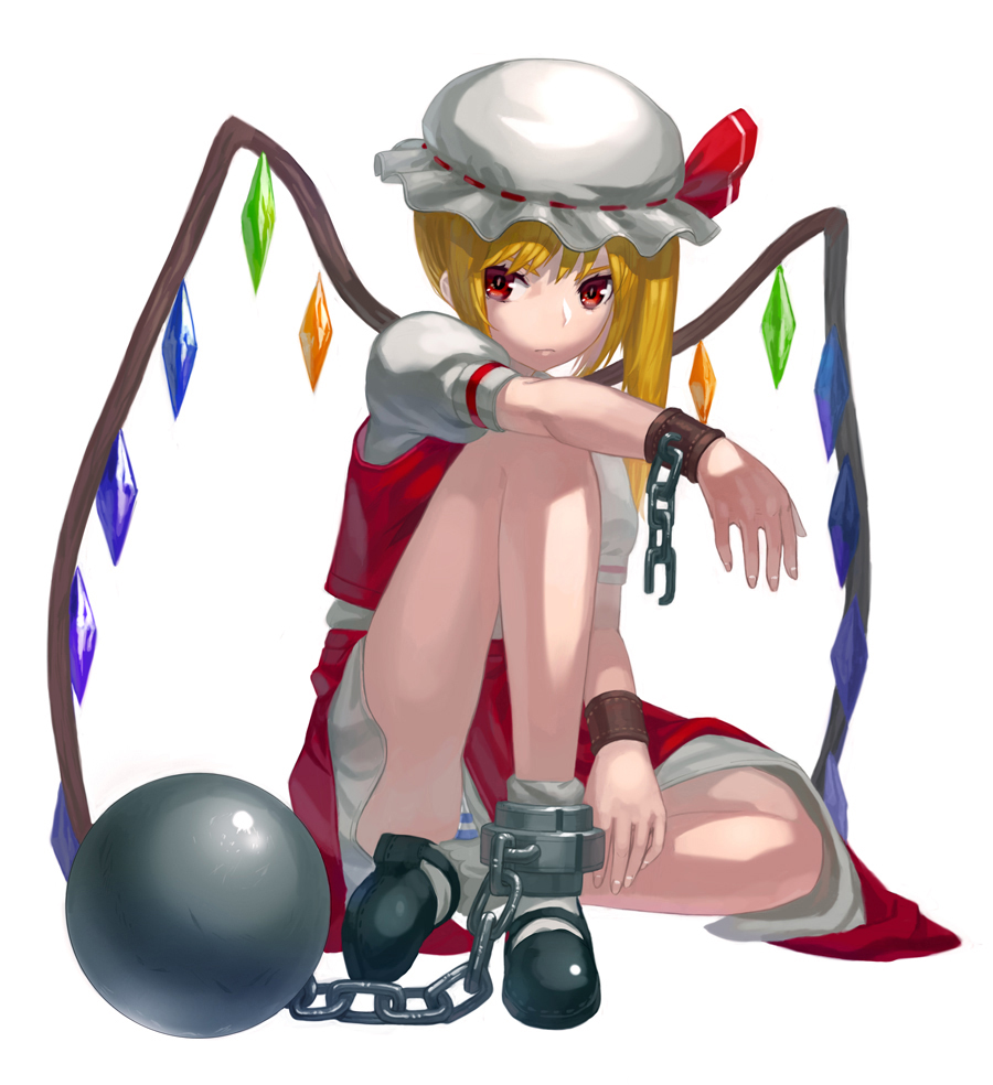 bad_id bad_pixiv_id ball_and_chain_restraint bdsm blonde_hair bondage bound broken broken_chain chain cuffs flandre_scarlet full_body hat kfr long_hair mary_janes panties pantyshot pantyshot_(sitting) shackles shoes side_ponytail simple_background sitting solo striped striped_panties touhou underwear white_background wings