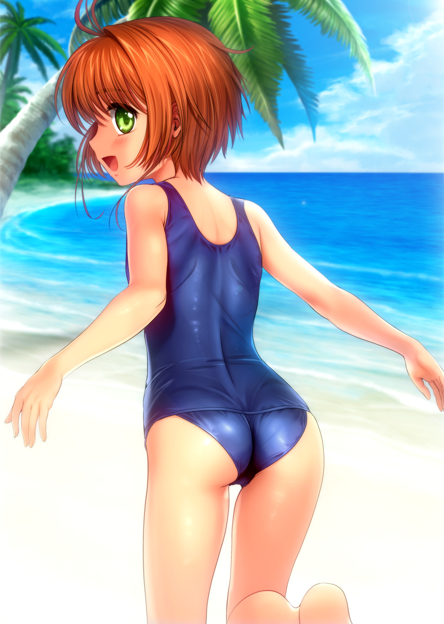 ahoge ass bare_shoulders barefoot beach brown_hair cardcaptor_sakura from_behind green_eyes highres kinomoto_sakura looking_back messy_hair mutsuki_(moonknives) one-piece_swimsuit open_mouth outdoors palm_tree school_swimsuit shiny shiny_clothes short_hair solo swimsuit tree water