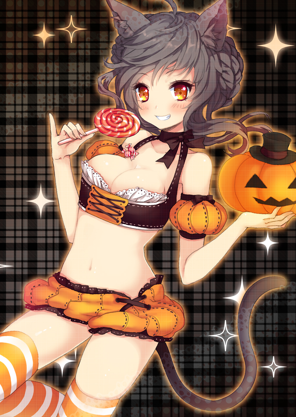 animal_ears bare_shoulders blush breasts brown_eyes brown_hair candy cat_ears cat_tail cleavage cross-laced_clothes detached_sleeves food highres jack-o'-lantern juke lollipop medium_breasts navel original pinky_out plaid plaid_background puffy_detached_sleeves puffy_short_sleeves puffy_sleeves short_hair short_sleeves smile solo sparkle striped striped_legwear swirl_lollipop tail thighhighs
