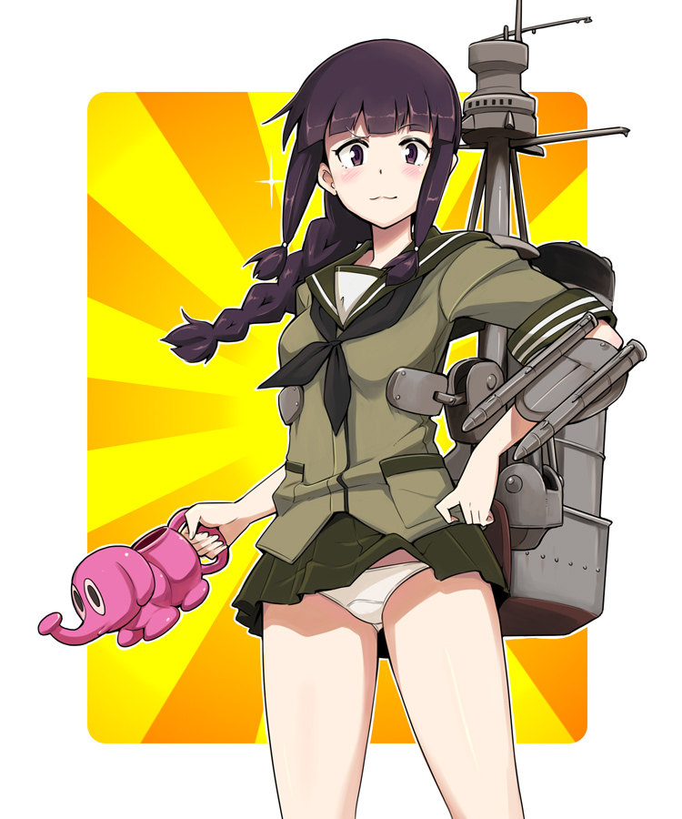 :3 black_hair bowieknife braid brown_eyes elephant hair_over_shoulder hand_on_hip kantai_collection kitakami_(kantai_collection) long_hair looking_at_viewer machinery panties single_braid solo themed_object torpedo underwear watering_can white_panties