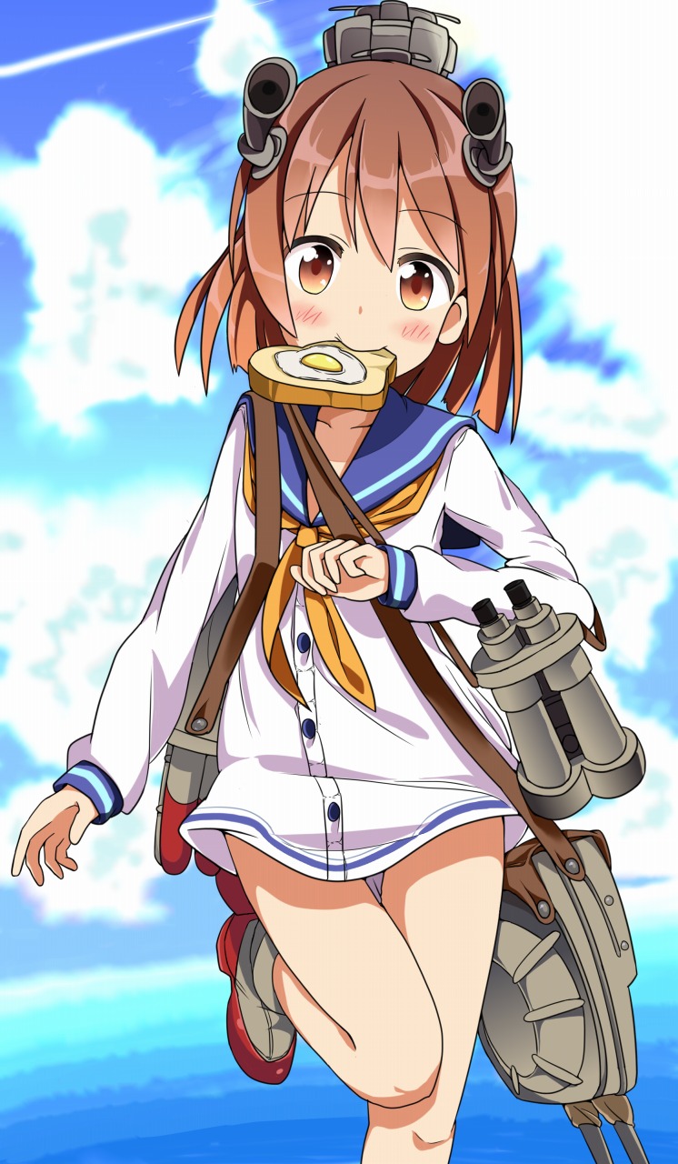 binoculars blush brown_eyes brown_hair day dress food food_in_mouth highres kantai_collection leg_up looking_at_viewer mouth_hold sailor_dress shoes short_hair sky smile solo tantan_men_(dragon) toast toast_in_mouth yukikaze_(kantai_collection)