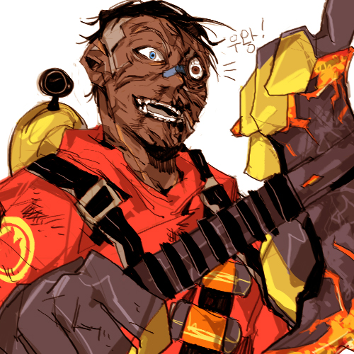 22_(tak_ja) axe bad_id bad_pixiv_id bandages blue_eyes brown_eyes dark_skin dark_skinned_male explosive gloves grenade grey_hair heterochromia holding holding_axe holding_weapon korean lowres male_focus no_mask oxygen_tank sharpened_volcano_fragment simple_background solo team_fortress_2 the_pyro translated upper_body weapon white_background