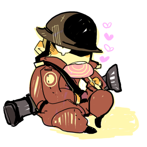 22_(tak_ja) bad_id bad_pixiv_id candy chibi food heart helmet holding holding_lollipop lollichop lollipop lowres male_focus rocket_launcher simple_background sitting sketch solo team_fortress_2 the_soldier weapon white_background