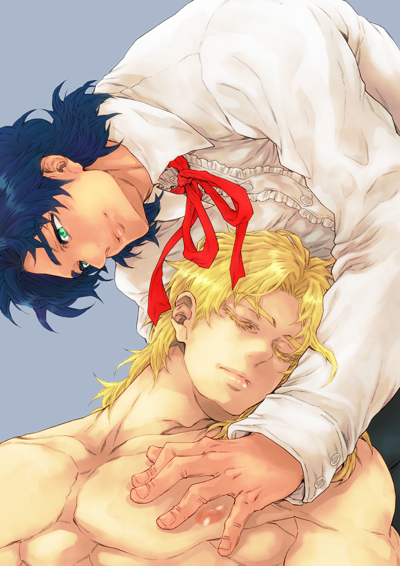 aqua_eyes blonde_hair blue_eyes blue_hair dio_brando hashiranai_(permanent9) jojo_no_kimyou_na_bouken jonathan_joestar multiple_boys ribbon shirtless sleeping