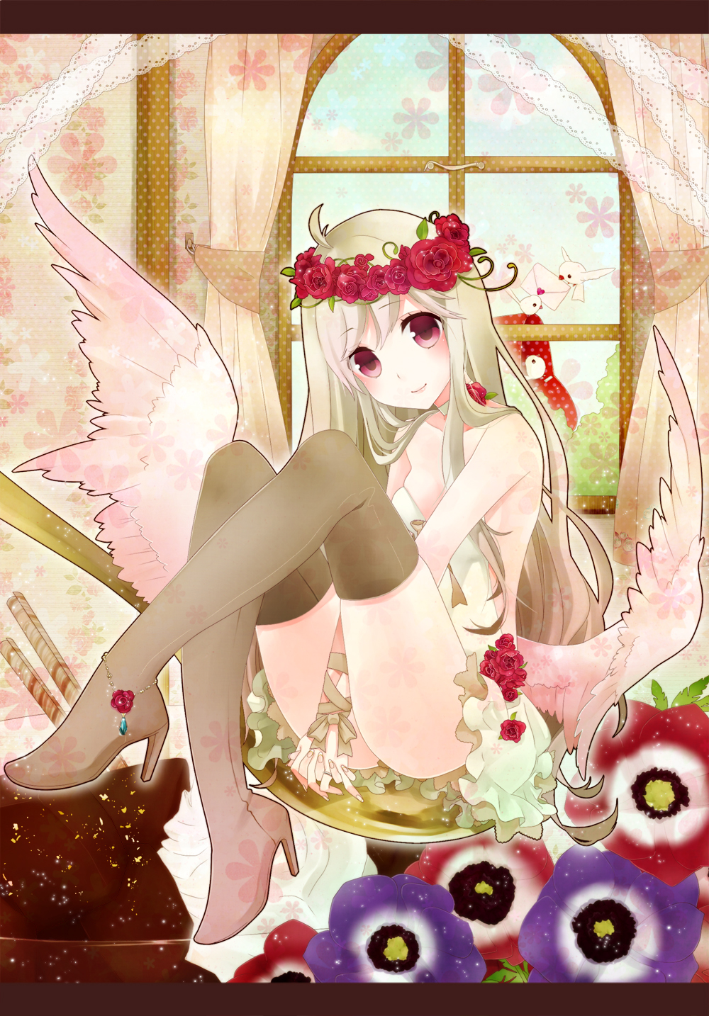 bare_shoulders bird blonde_hair boots dress flower head_wreath high_heels highres long_hair original red_eyes rose smile solo thigh_boots thighhighs window wings
