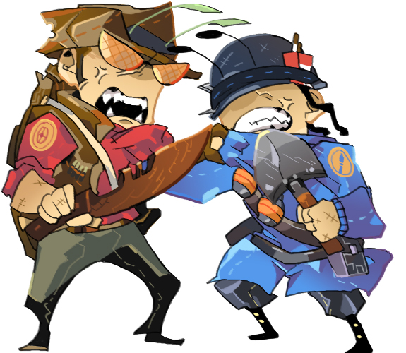 2boys anger_vein bad_id bad_pixiv_id cigarette clenched_teeth covered_eyes explosive fingerless_gloves gloves grenade hat helmet helmet_over_eyes holding holding_weapon male_focus multiple_boys open_mouth razorback sharp_teeth shovel simple_background single_glove soldier's_stash sunglasses team_fortress_2 teeth the_sniper the_soldier tribalman's_shiv weapon white_background