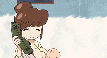 animated animated_gif baby battle breast_feeding breast_sucking brown_hair bus eyes_closed gun kill_la_kill lowres motor_vehicle old_woman smile vehicle weapon
