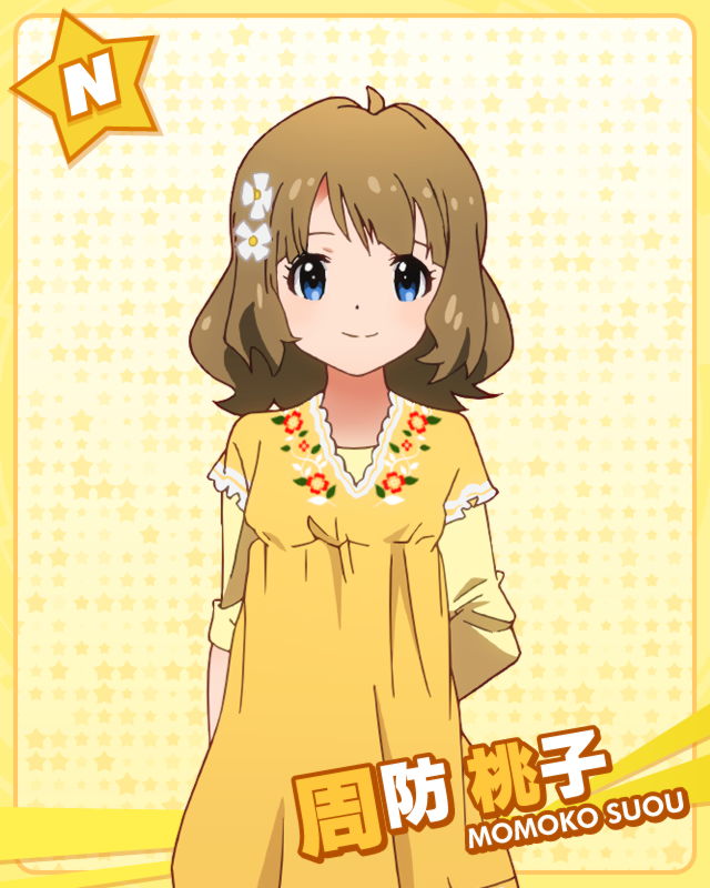 blue_eyes brown_hair character_name flower hair_flower hair_ornament idolmaster idolmaster_million_live! looking_at_viewer official_art short_hair smile suou_momoko
